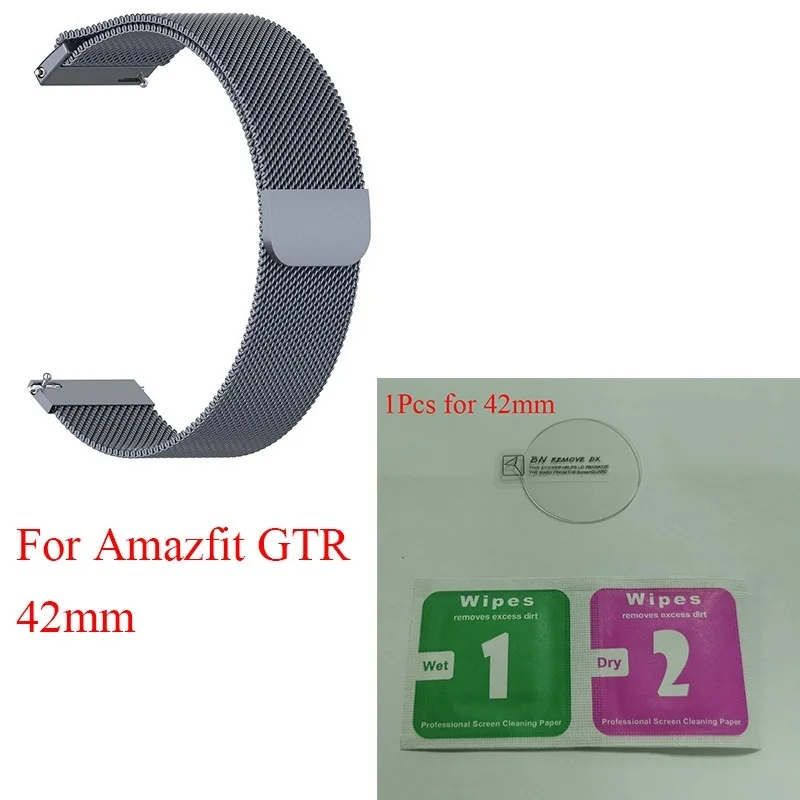 42Gray Ksadkvor for Xiaomi Mijia Amazfit GTR 42 47MM Wristband Strap Wrist Metal Milanese Loop Band with Screen Glass Protector Gift - Цвет: 42Gray