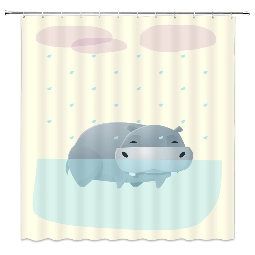 

Cartoon Hippo Shower Curtain Wild Animal Pattern Kids Bathroom Decor Waterproof Polyester Cloth Bath Curtains With Hooks
