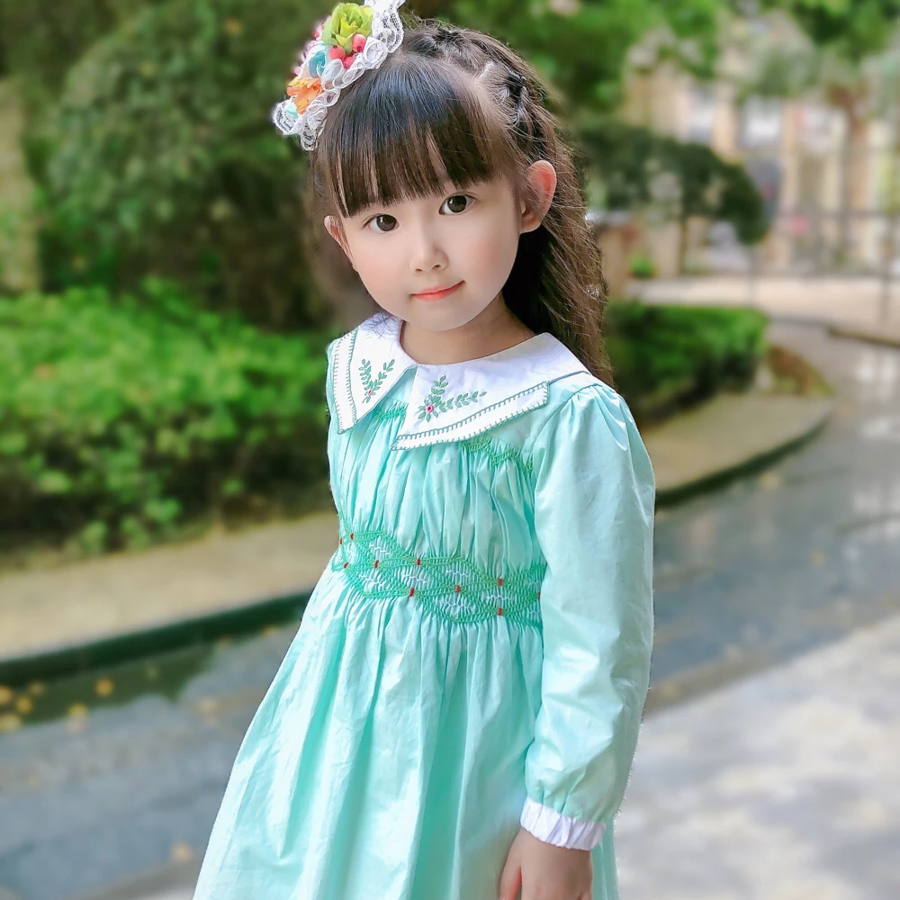 

Girls Dresses for 1~6Y Kids Autumn Winter Green Hand Smocking Vintage Bountique for Baby Birthday Party Turkish Style