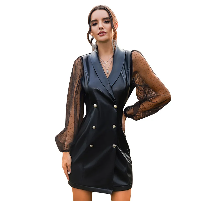

PU Dress Women Fashion Lace Patchwork Sexy V Neck Elegant Dresses Black Long Sleeve Winter Bodycon Mini Vestidos Party