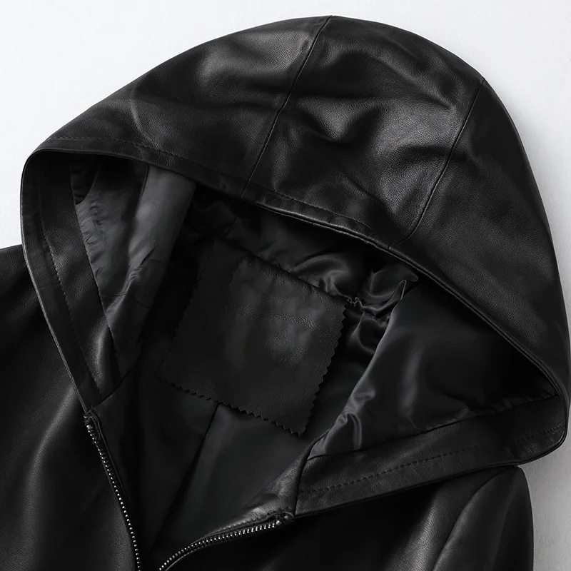 Simple Loose 3xl Spring Black Sheepskin Long Sleeve OL Zipper Hoodie  Jacket Casual Women Genuine Leather Coat