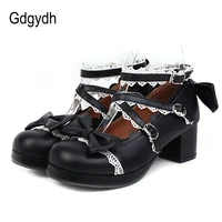 gdgydh sweet lolita princess mary janes shoes white pink bowtie ruffles uniform school shoes for girls mid heel black punk lace