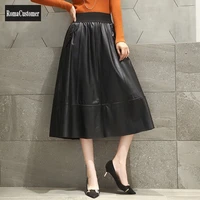 skirt womens sheepskin loose large size a line skirt korean genuine leather elastic waist female new elegant casual skirt