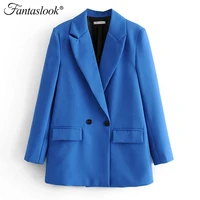 women chic office double breasted blazer lady vintage coat fashion notched collar long sleeve ladies elegant outerwear stylish