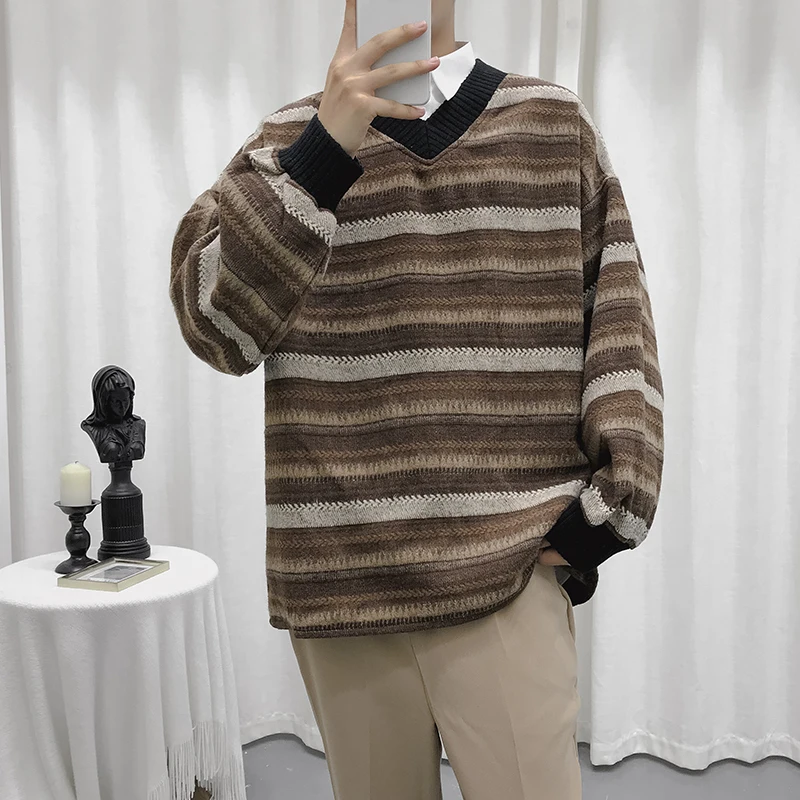 2019 Мужское пальто с принтом в темную полоску флисовый пуловер v-образным вырезом
