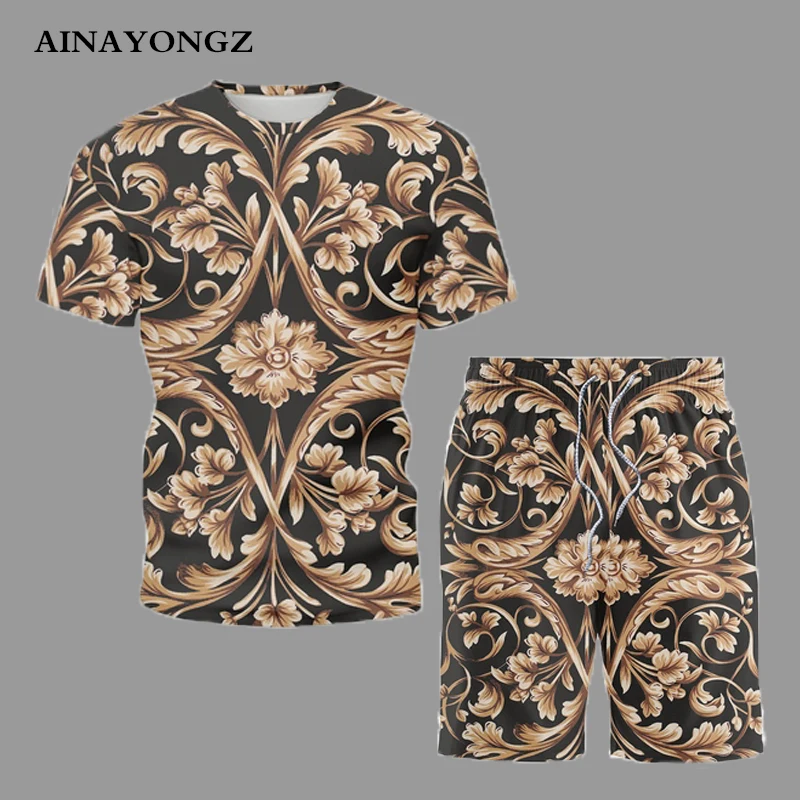 Summer Short Sleeve Fashion Men Sets 2022 New Ethnic Style Flowers Print T-Shirt With Shorts Suit Leisure Clothes Male Tracksuit