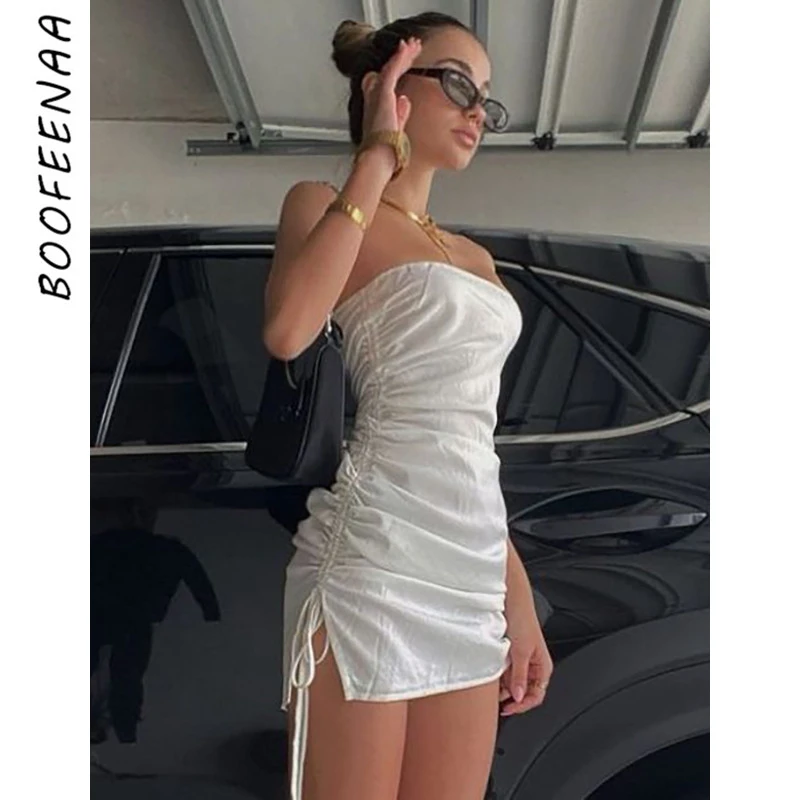 

BOOFEENAA Side Drawstring Ruched Tube Top Bodycon Dresses for Women Summer 2022 Clubwear Backless Strapless Mini Dress C85-CD20