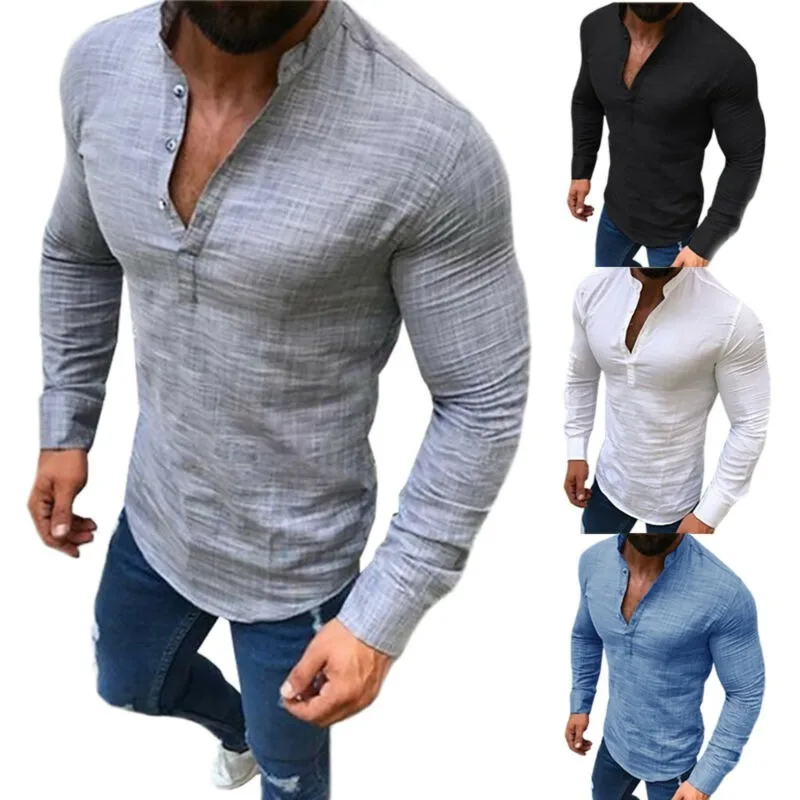 

Men V Neck Muscle Cotton Linen Slim T-shirt Tee Casual Blouse Tops Henley Shirts
