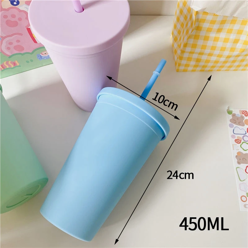 

Straw Cup Macaron Color Water Cup with Wide Mouth Lid Plastic Coffee Juice Straw Mug Portable Outdoor Straw Cups Hiking Supplies