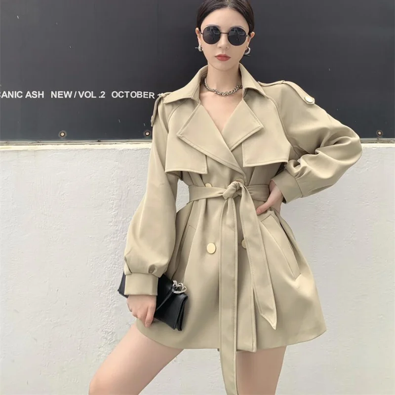 

Autumn Women Trench Coat with Belt Lantern Sleeve Double-breasted Loose Casual Jackets Elegant Long Sleeve Lady Windbreaker