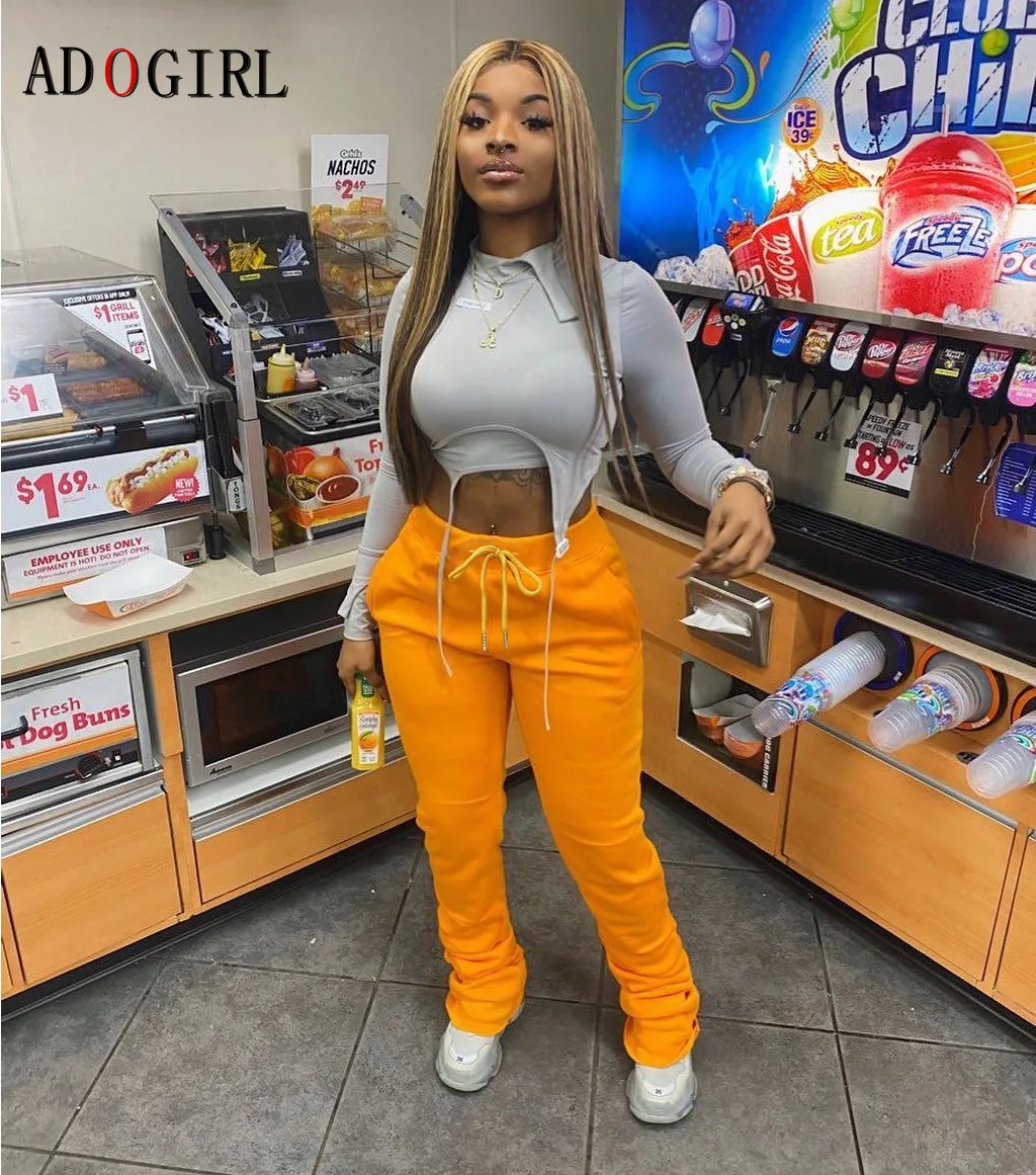 

Женские эластичные штаны с высокой талией Adogirl, спортивные штаны с завязками и рюшами, Свободные повседневные однотонные штаны для активног...