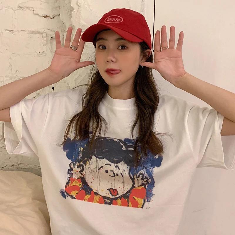 

Internet Celebrity Cotton Short-Sleeved T-shirt Women's Summer Korean Loose Super Popular INS Trendy Harajuku Style for