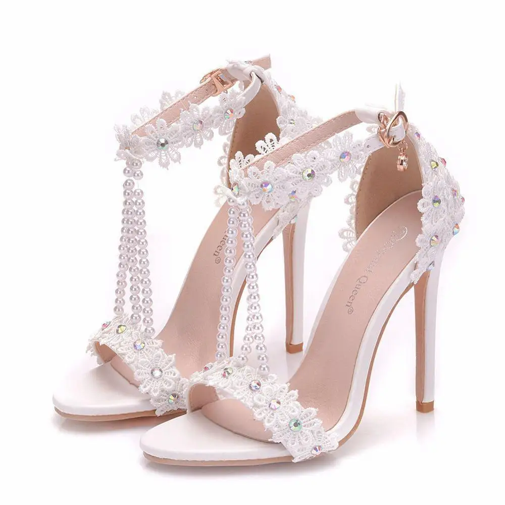 

Summer white buckle sandals fish mouth open toe banquet plus size dress shoes beaded bride and bridesmaid stiletto wedding shoes