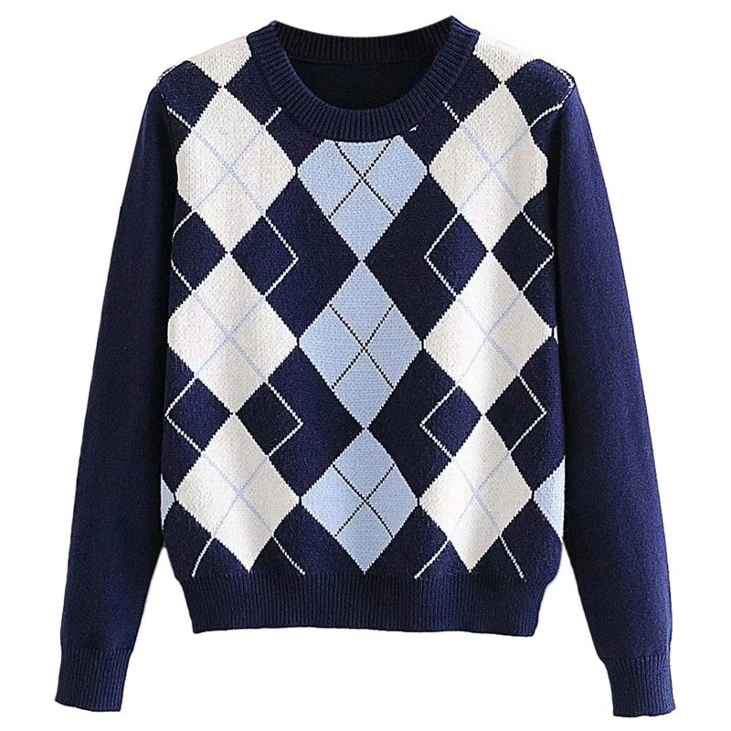

Women Preppy Style Long Sleeve O-Neck Sweater Argyle Plaid Knitted Jumper Tops F3MD