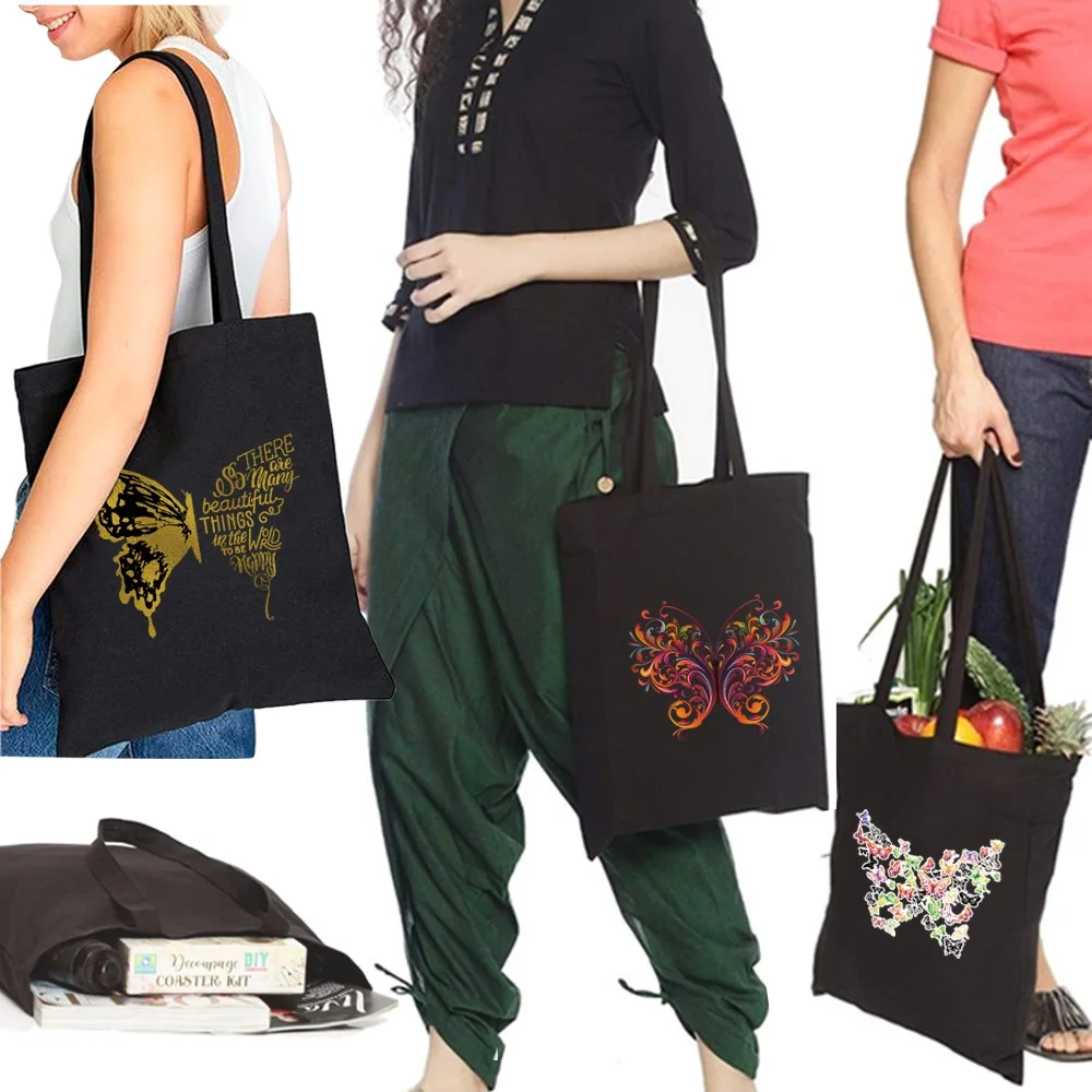 

Shopping Bag Butterfly Pattern High-Quality Women Handbags Canvas Tote Bags Reusable Cotton Grocery Shopping Bags Eco Foldable
