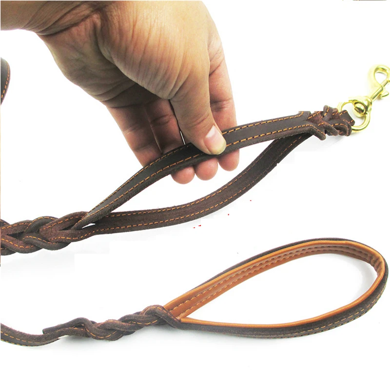 Двойной поводок из натуральной кожи для собак шовный с P образной цепью