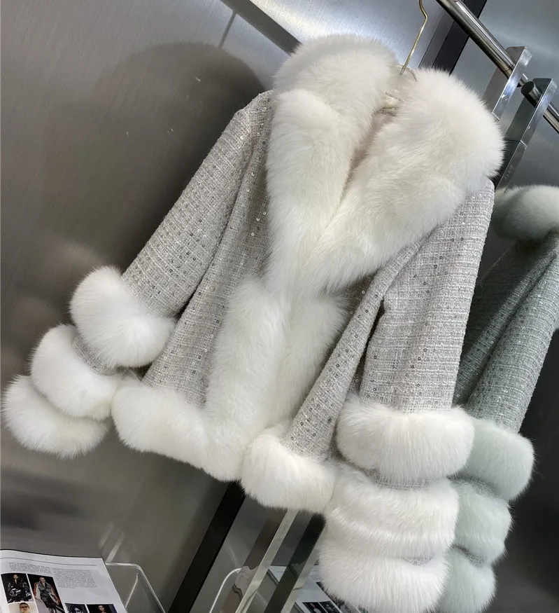 Tweed Wool Coat Real Fox Fur Collar and Cuff Winter Warm Overcoat Fashion Lapel Women Long Sleeves Jacket