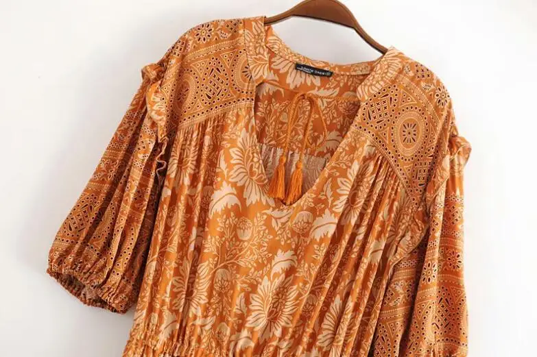 

Women Dress 2020 Spring Summer V-neck Print Cotton Short Sleeve Long Dresses Fashion Casual Slim Retro Beach Holiday Dress