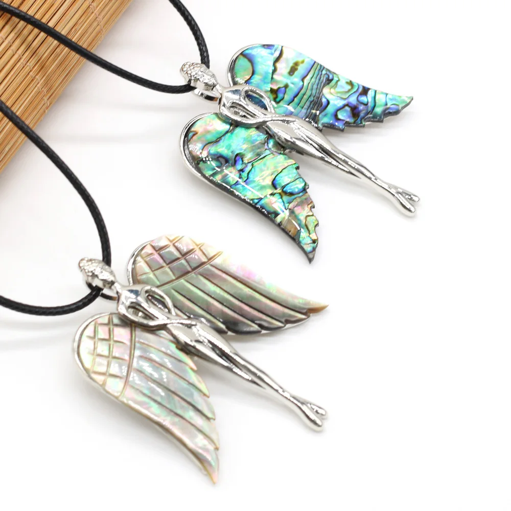 

Natural Shell Necklace Angel Shape Pendant Leather Cord Diameter 2.0mm Length 55+5cm Pendant Size 45x65mm