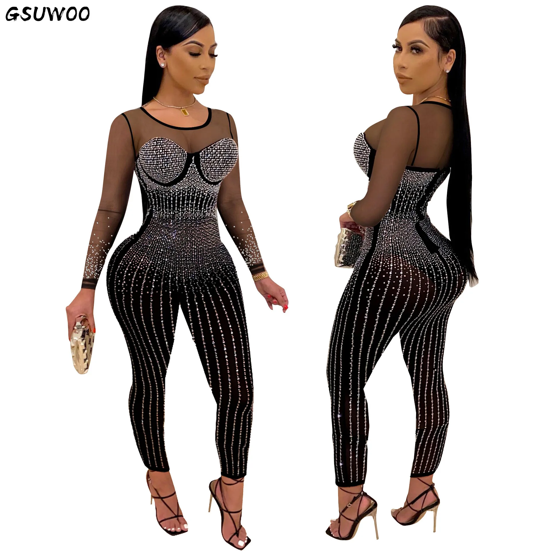 

GSUWOO Sexy Diamonds Patchwork Sheer Mesh Party Clubwear Jumpsuit Women 2022 Long Sleeve Outfit One Piece Rompers Skinny Overall