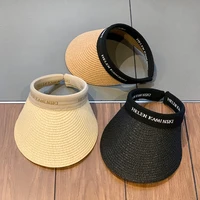 summer hat 2021 women weave straw empty top beach cap clip on solid color large wide brim uv protection breathable sun visor hat
