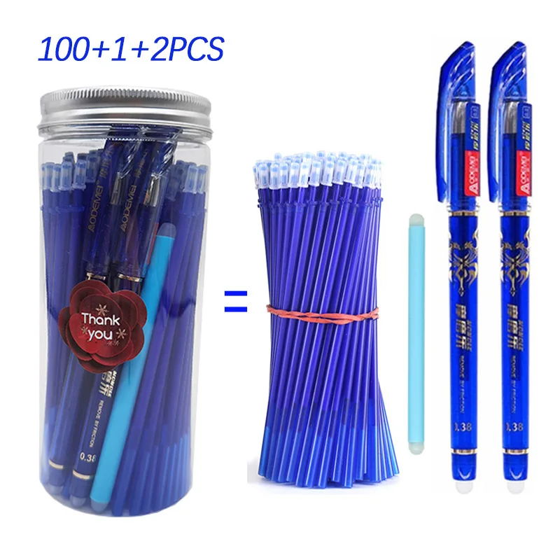 100+3pcs/Bottle Erasable Gel Pen Set 0.5mm Magic Ink Gel Pen Washable Handle Blue Black Colors Ink Pen Office School Stationery