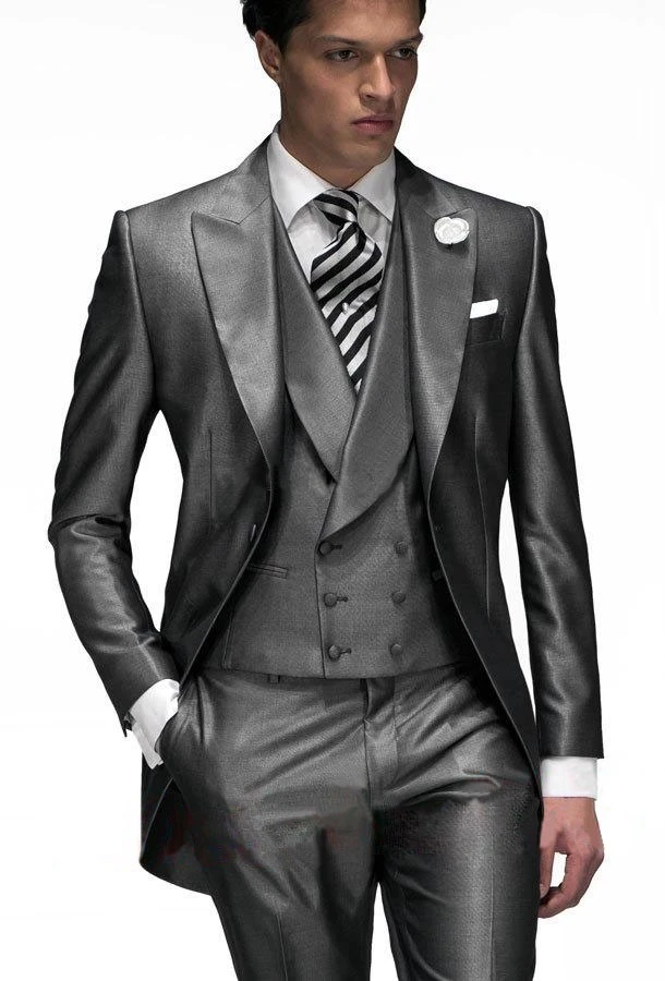 

(Пиджак + брюки + жилет) на заказ в английском стиле блестящий серый смокинг костюм для жениха Свадебные смокинги Лучший мужской костюм для свадебной вечеринки