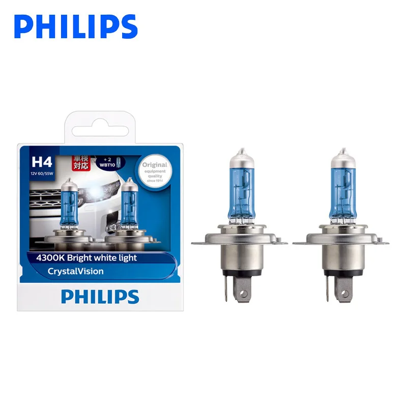 

Philips H4 9003 12V 60/55W P43t Crystal Vision 4300K Bright White Light Halogen Hi/lo Beam for Car Headlight 12342CVSM, Pair