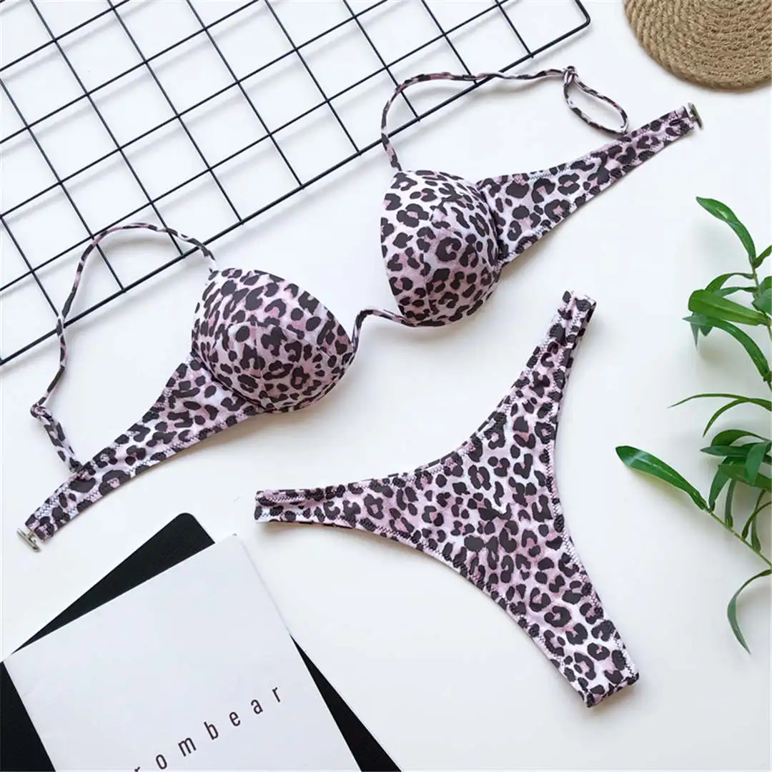 Leopard Сексуальный треугольный бюстгальтер на косточках, чашечки бикини, женский купальник, женский купальник, комплект бикини из двух предметов, v-образный вырез, купальный костюм V1732 - Цвет: Leopard