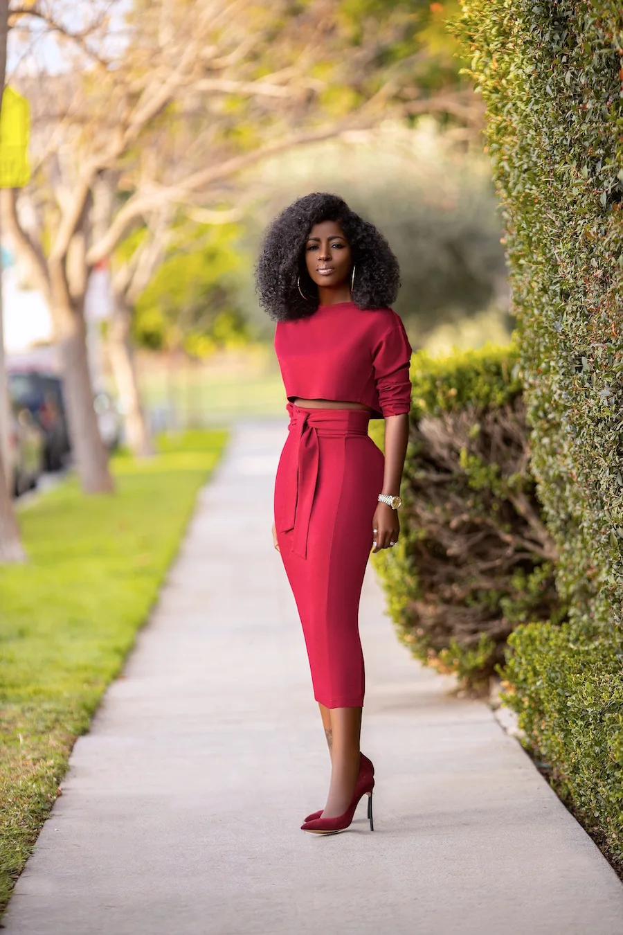 

Women Red Two Pieces Set Crop Tops High Waist Skirts Half Sleeves Jupes with Waist Belt Elegant Fashion Skirt Suits Plus Size