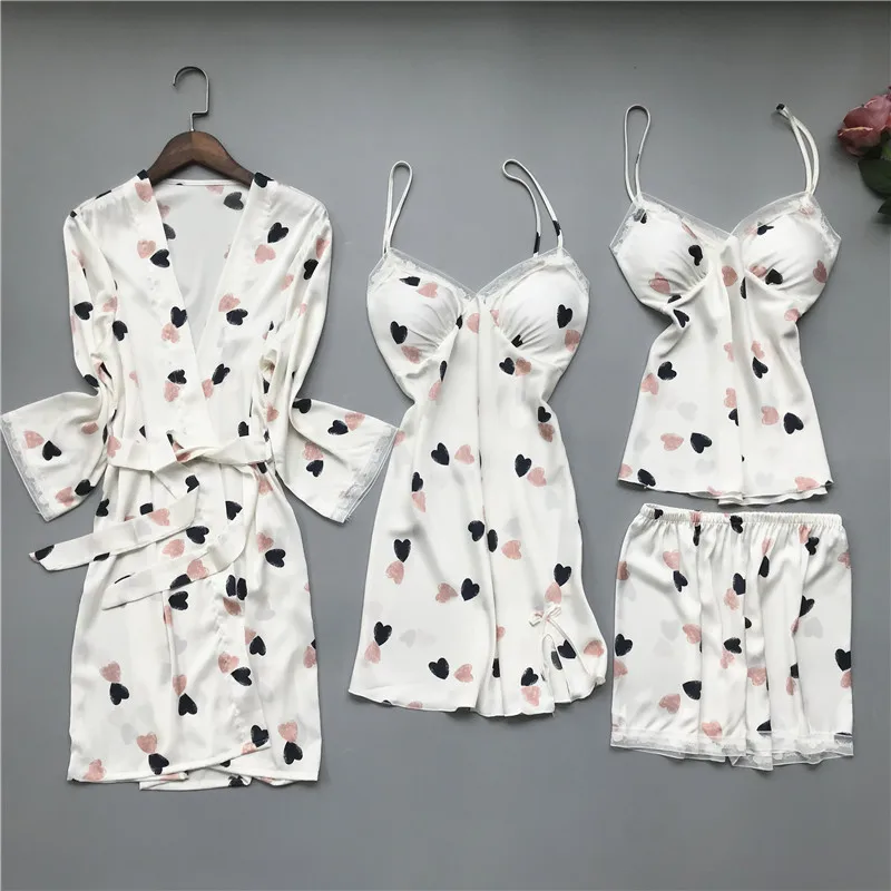 

4PCS Print Flower Sleepwear Women Satin Kimono Bathrobe Gown Nighty&Robe Suit Lace Sexy Nightgown Intimate Lingerie Homewear