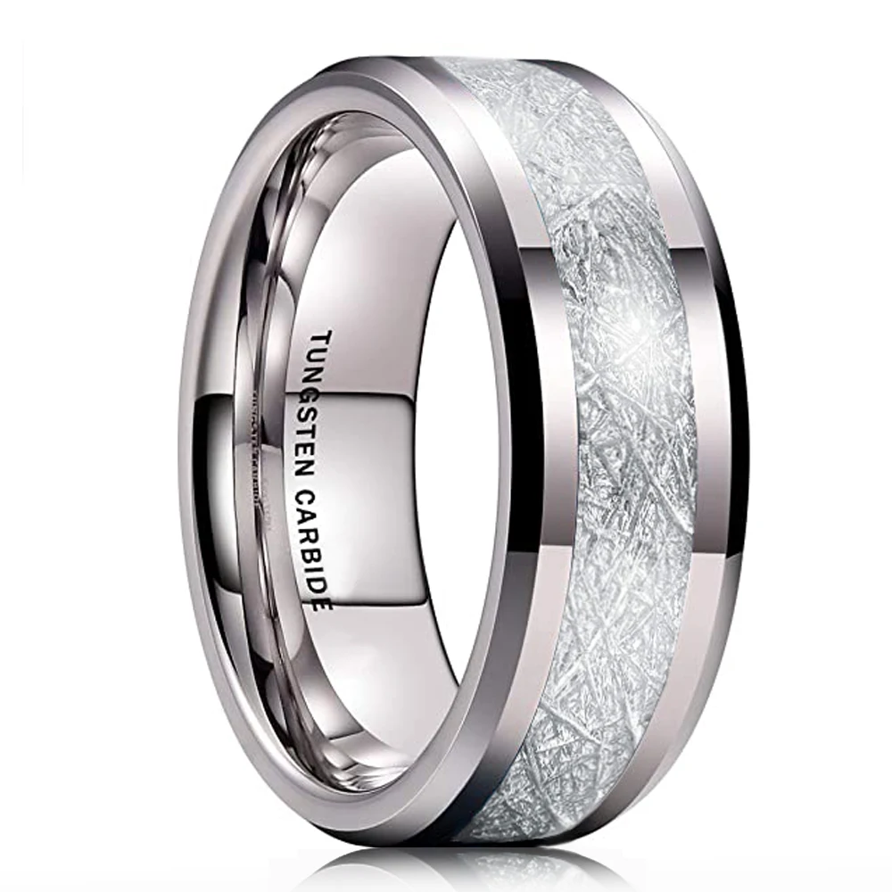 

Модное серебристое кольцо 8 мм из карбида вольфрама для мужчин серебристое кольцо с инкрустацией из метеорита со скошенными краями мужское ...