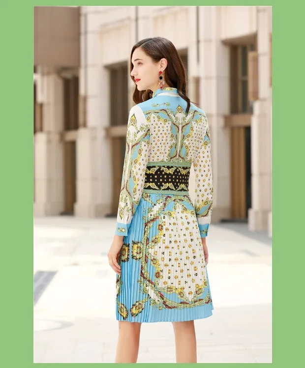 Осеннее женское платье Moda Feminina, женское Плиссированное Платье с принтом, длинный рукав, пояс с бантом, винтажное элегантное вечернее платье Sukienka