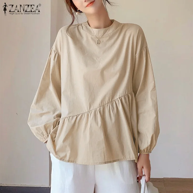 

2022 Spring Cotton OL Blouse Women Elegant Long Sleeve Shirt ZANZEA Vintage Ruffle Solid Chemise Oversized Asymmetric Tunic Tops