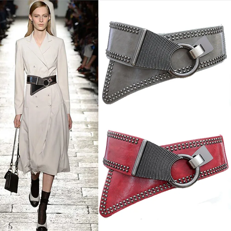 

Fashion Punk Women Elastic Belts Rivet Retro High Quality PU Leather Waist Strap Wide Belt Female Decorative Dress Waistband