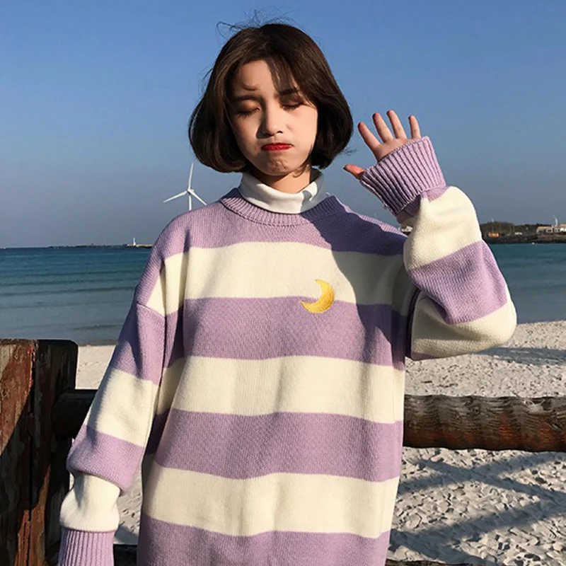 

New Women Sweater Candy Color Stripes Moon Sets Embroidery Sweater Korean Jumpers Fashion Casual O-neck Long Sleeve Pullovers