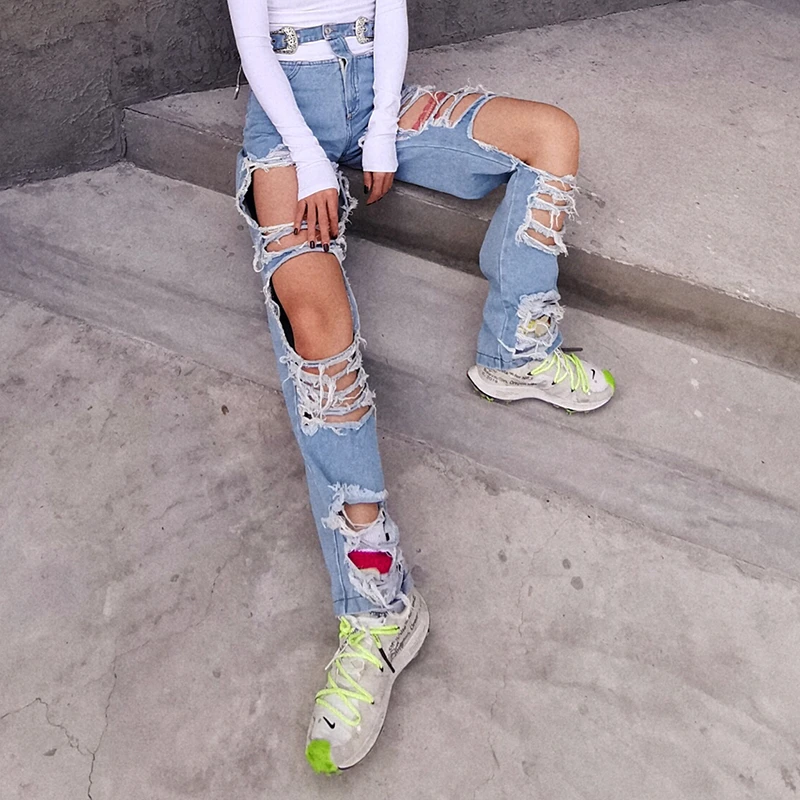 Женские джинсовые брюки TWOTWINSTYLE Асимметричные Длинные прямые с высокой талией 2020