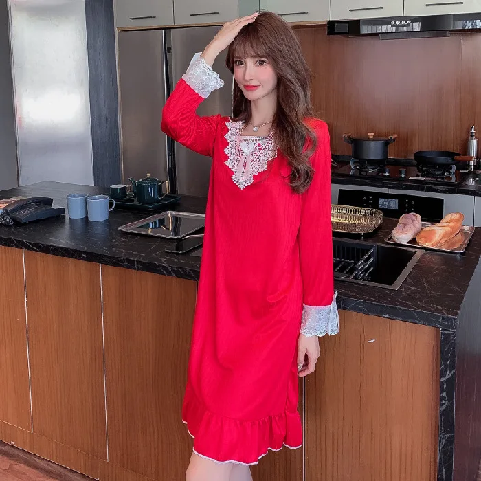 2021 Spring and Autumn New Comfortable Lace Women's V-Neck Long Sleeve Fashion Nightdress Women Can Wear Home Nightdress