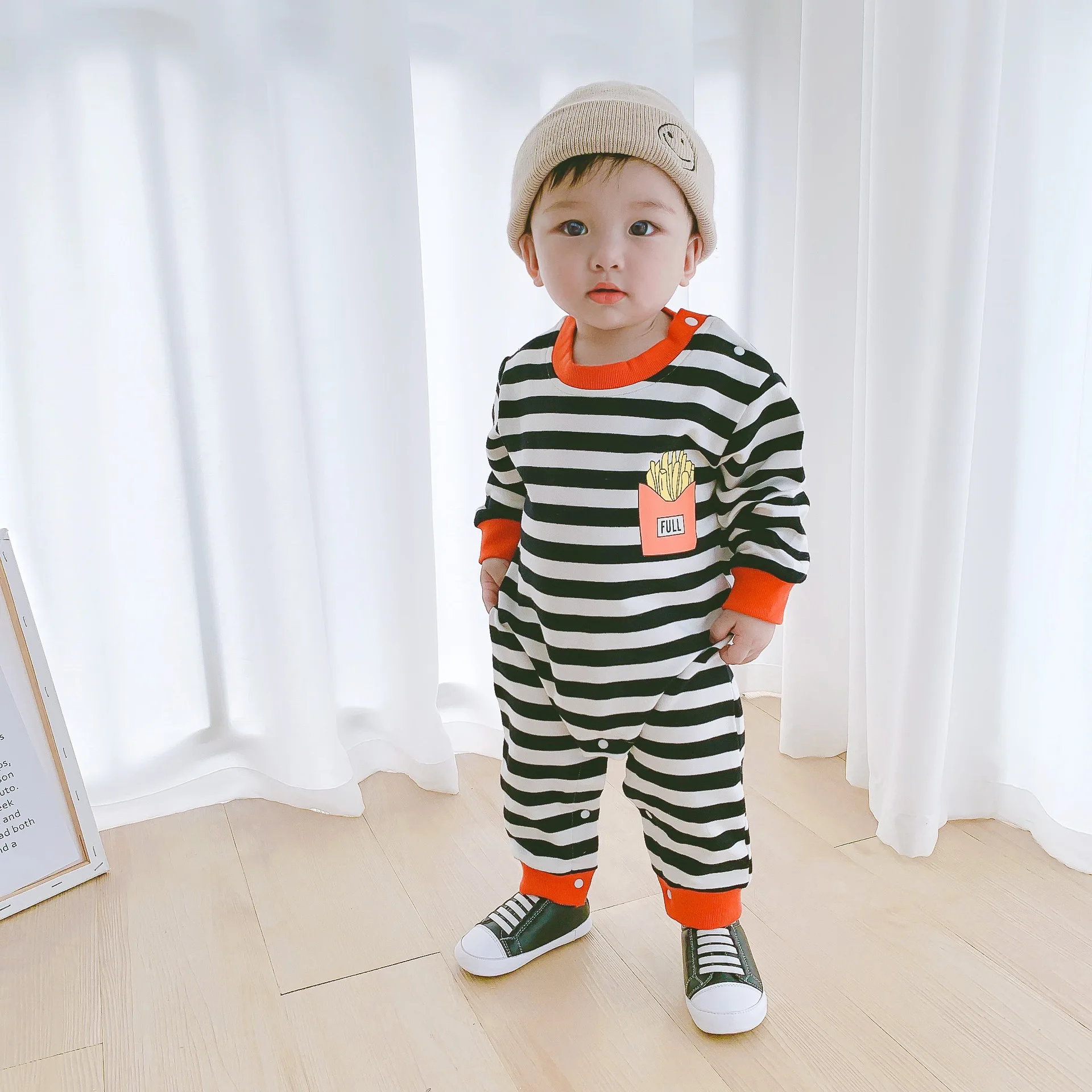 

2021 New Arrival Spring Baby Rompers Long Sleeve Sports Costume Toddler Kids Boy Black White Striped Active 0-18 Boys' Clothing