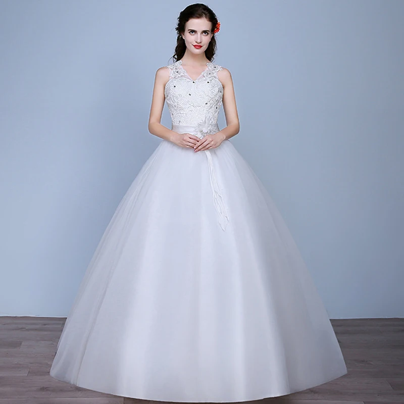 

New White V-Neck Wedding Dress Backless Appliques Crystal Floor-Length Sleeveess Lace Up Plus Size Wedding Gowns For Women G113