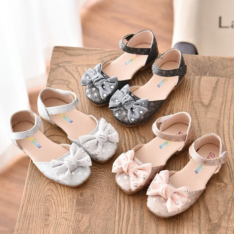 

Kids Shoes Princess Shoes Sliver Pink Black Sandals Children Leather Girls Sandals Bow Beach Outdoor Sandals baby girl shoes