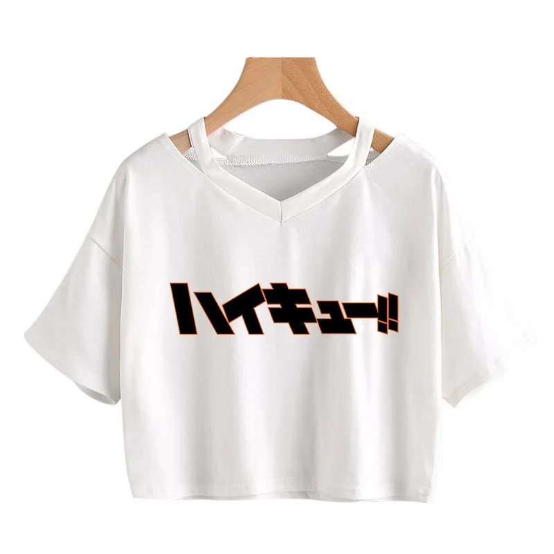 Fly High Oya Haikyuu Print Crop Tops Women T Shirt Harajuku Japanese Anime Bokuto Manga V-neck Short sleeve Cropped Tees | Женская