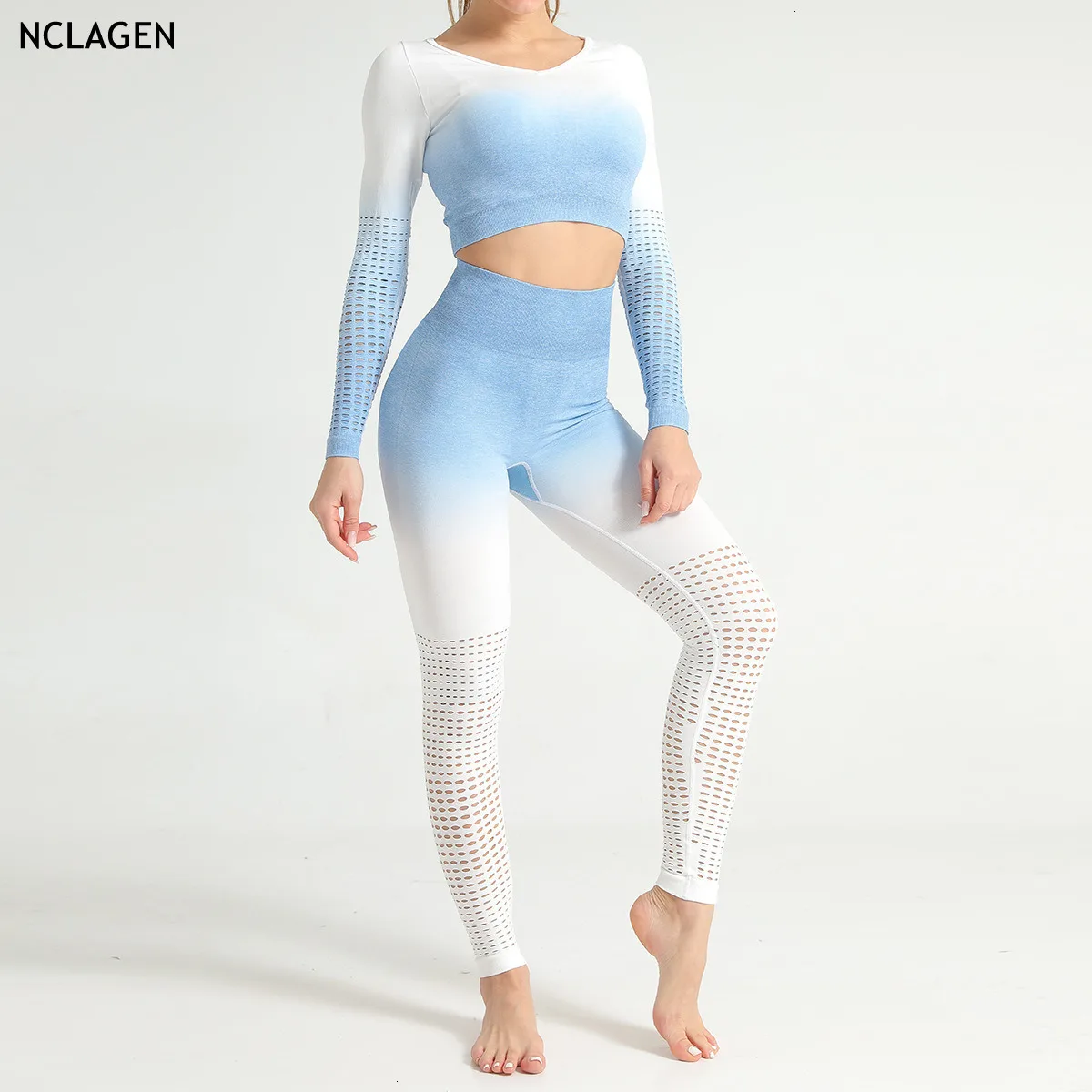 

Sport Set Leggings And Top Fitness Yoga Suit Women Gym Gradual Change Long Sleeve Seamless Hollow Out Workout Sportswear NCLAGEN