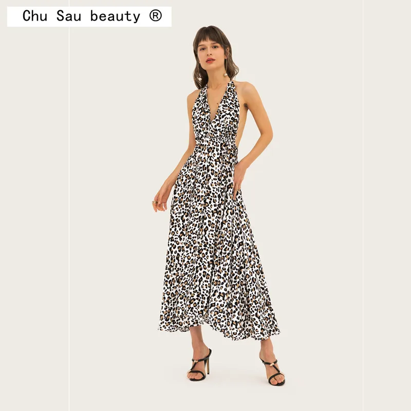 Платье женское леопардовое на бретельках с высокой талией и лямкой шее|Женские