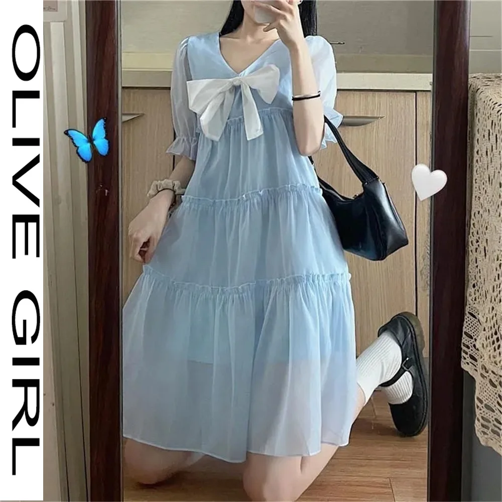 

Preppry Style Blue Fairy Dress Elegant Vintage Sweet Bow Mori Girl V-Neck Summer Puff Short Sleeves Plus Size Loose Clothing