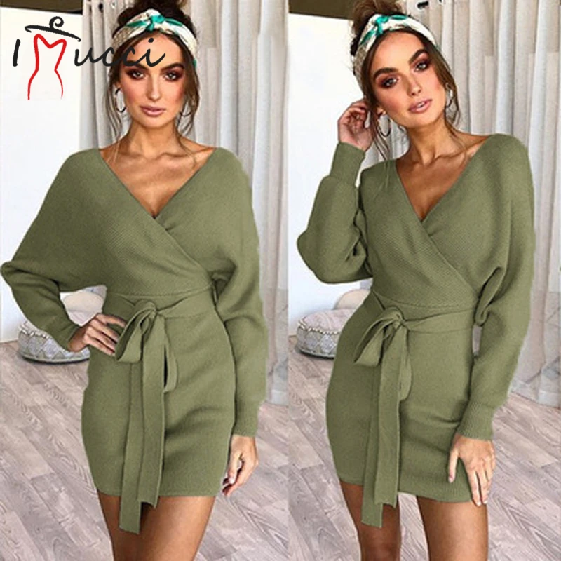 

iMucci 2020 New Fashion Dress Women knit Sweater Sexy Autumn Winter Hip Warm Sweater Top Woman Lace-up Open Back Knitted Dress