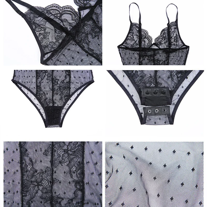 

Sexy Lace Bodysuit Women Dot Embroidery Deep V Neck Sexy Bodysuit Backless Patchwork Black Jumpsuit Overalls 2020 Femlae Body