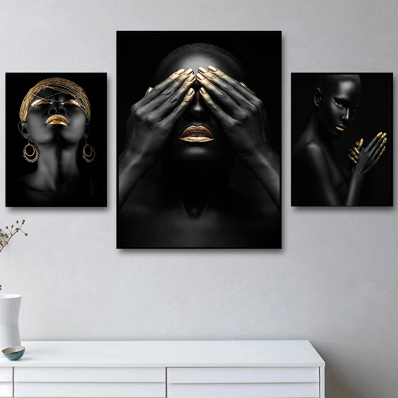 

African Creativity Figure Retrato Art Black and Gold Woman Canvas Painting Poster and Print Wall Art Picture for Living Room