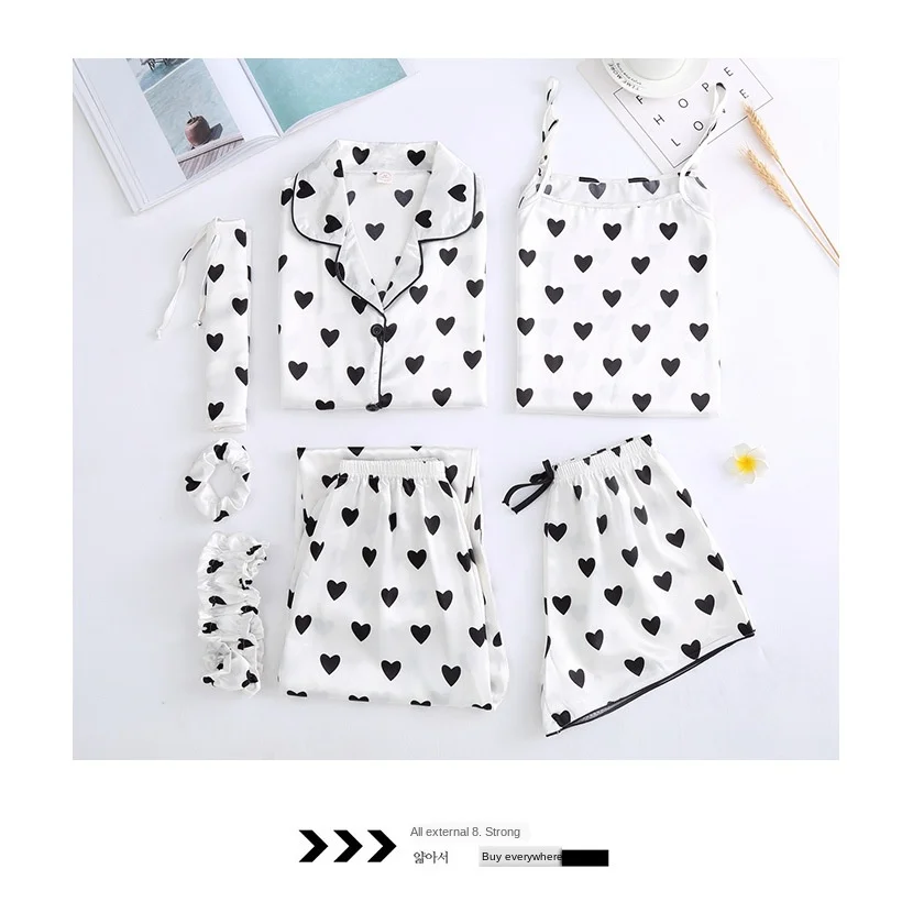 

Imitated Silk Pajamas Women's Seven-Piece Long-Sleeved Summer Thin Pants Suit Ice Silk Korean Style Leisure Set pijama mujer