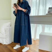 2021 korean style loose denim dress full sleeve turn down collar buttons split streetwear denim robe mid calf harajuku y2k dress